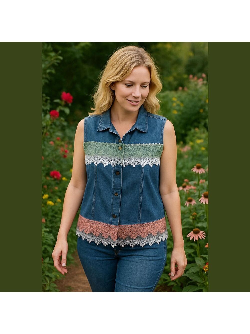 Vintage Denim Vest with Lace Trim Crocheted Grandma Jean Jacket